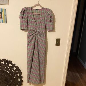 Zara Pink  & Green Plaid fitted -Waist Maxi Dress